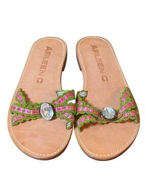 Arleen C Size 7 Pink Green Ribbon and Jeweled Flat Slide Sandals